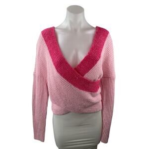 Superdown Women's Pink Ribbed Knit Faux Wrap Long Sleeve Sweater Top Size S